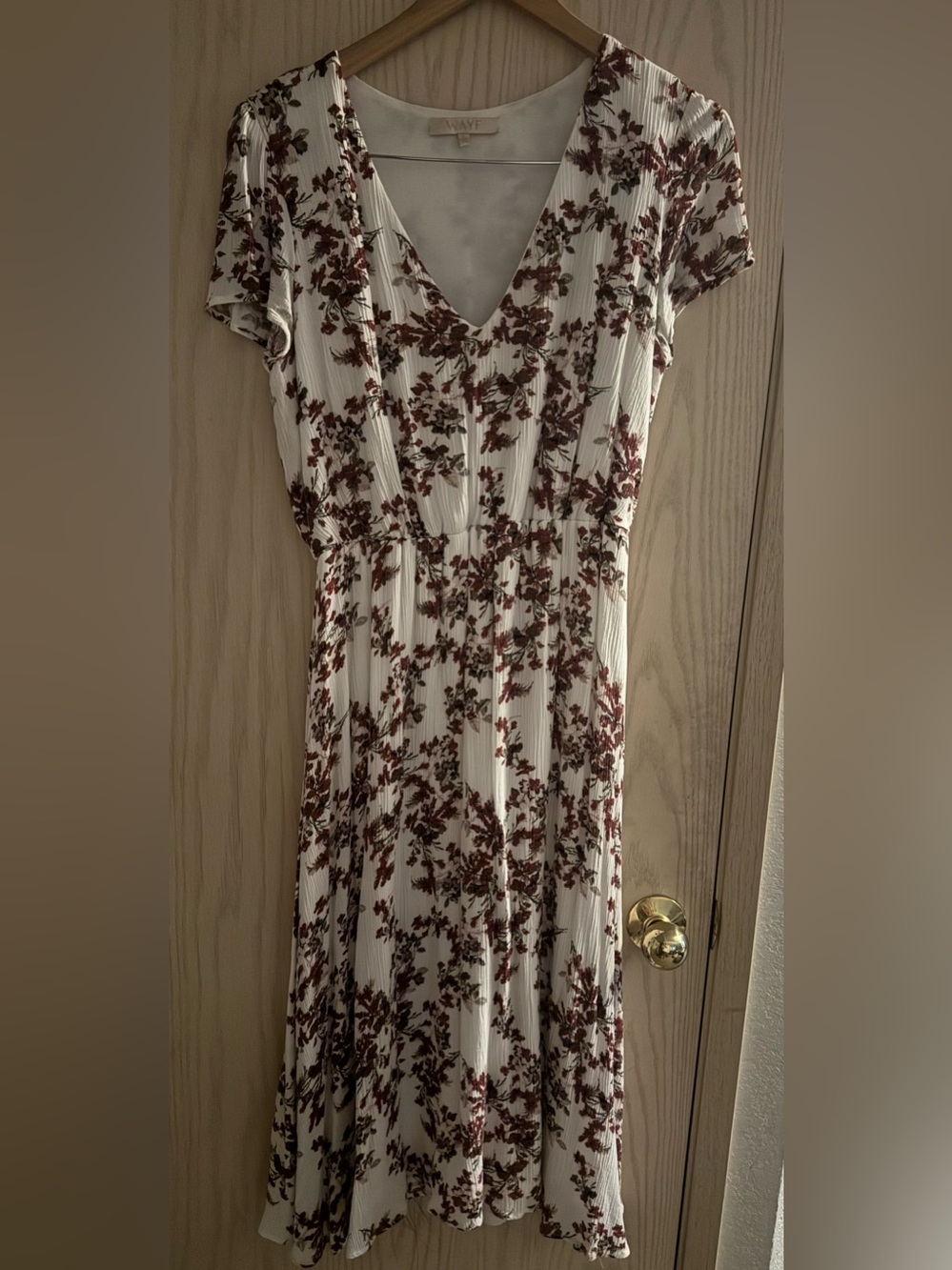 Floral V-Neck Midi White Dress with Burgundy Print